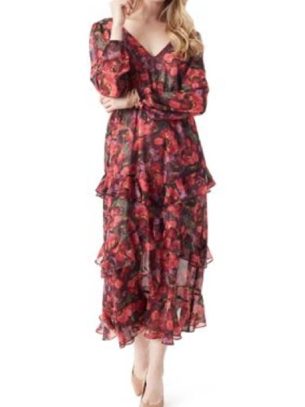 Jessica Simpson Red and Black Floral Tiered Maxi Dress